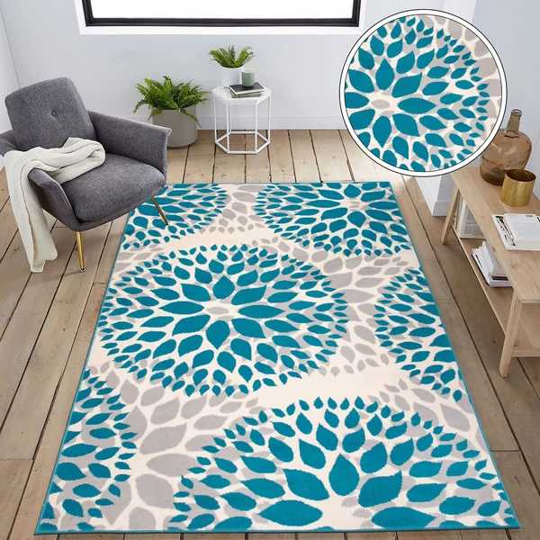 Modern Floral Design Blue Area Rug - 9& x 12&