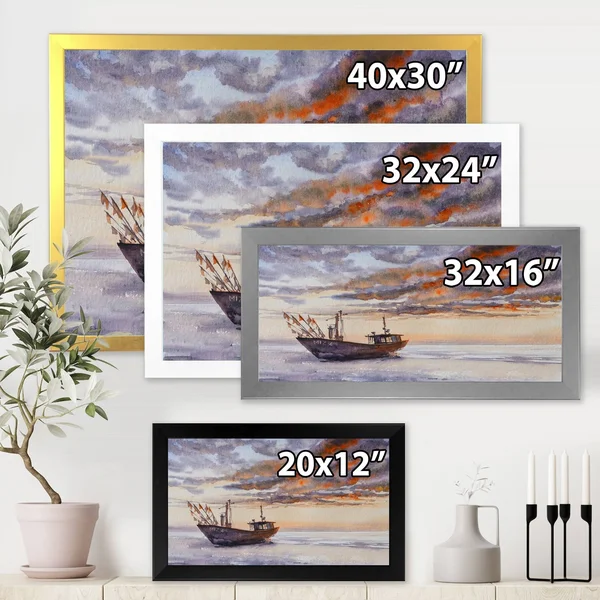 Designart &Wooden Fishing Boat on The Baltic Shore& Nautical & Coastal Framed Art Print - 32 in. Wide x 24 in. High - Black