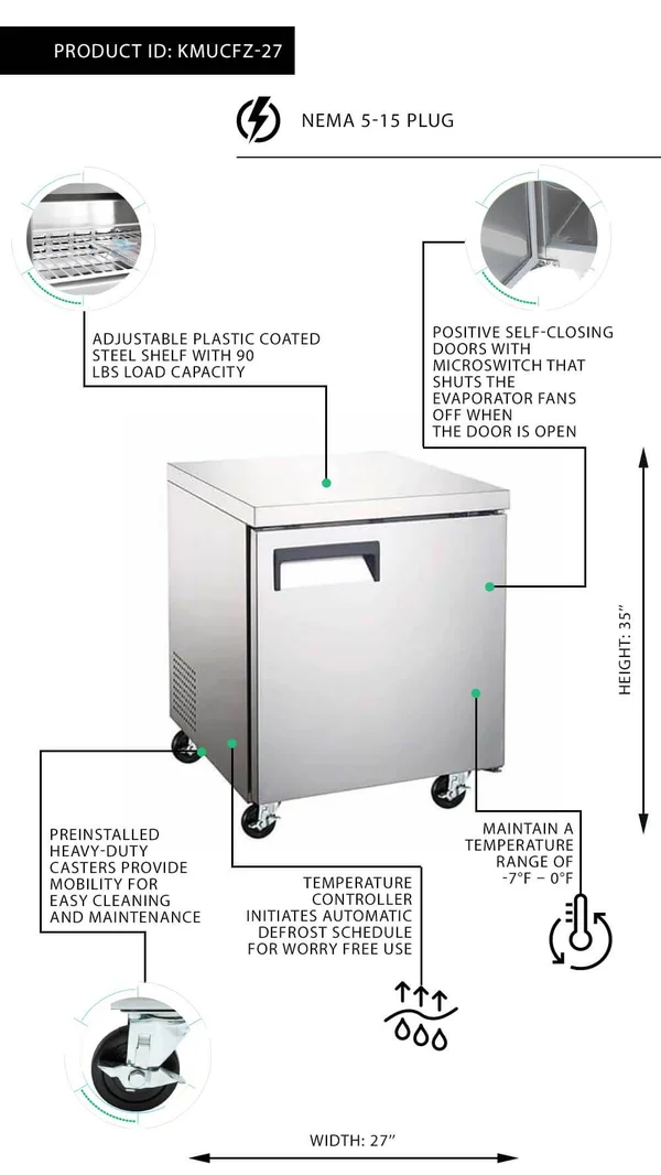 Undercounter Freezer 27x22 Double Door - 6 Cu ft Kitchen Monkey KMUCFZ-27
