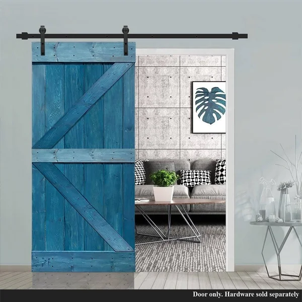 CALHOME K Series 36 in. x 84 in. Pre Assembled Ocean Blue Stained Solid Pine Wood Interior Sliding Barn Door Slab, DOOR-ASM-K36