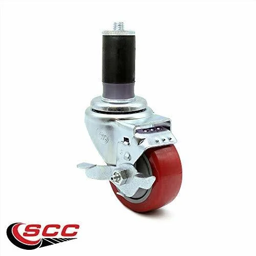 Service Caster - 3 x 1.25 inch Red Polyurethane Wheels Caster Set of 4 - 2 Swivel Casters w/Brake W/1-1/2 inch Expanding Stem/2