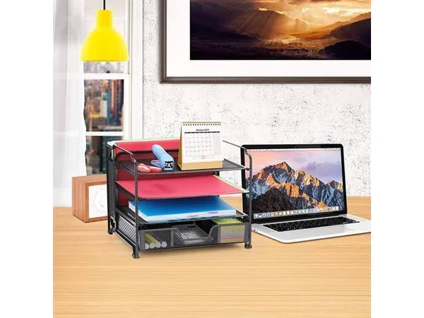 Simple Trending 4-trays Mesh Office Supplies Desk Organizer, Desktop Hanging File Holder with Drawer Organizer and Vertical Upri