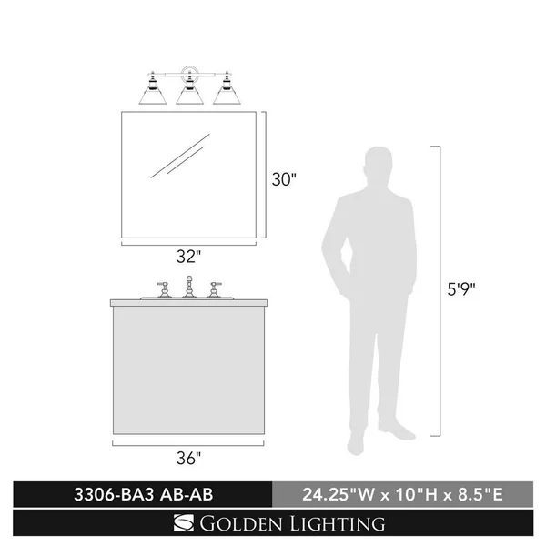 Golden Lighting 3306-BA3 BLK-RBZ Orwell 3 Light Bath Vanity in Matte Black