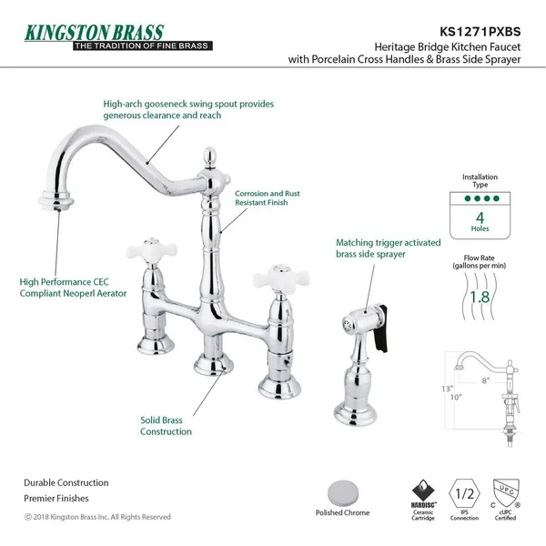 Kingston Brass KS1276PXBS Heritage Bridge Kitchen Faucet with Brass Sprayer - Polished Nickel