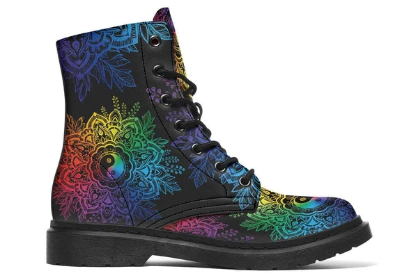 Colorful Yin Yang Boots - Black Mandala Vegan Boots, YesWeVibe Men's Boots, Black Sole, US 3, EU35
