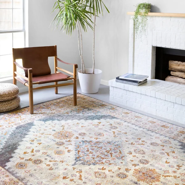 Alexander Home Jennifer Collection Diamond Border Distressed Area Rug - 9&3x22 x 13&0x22 - Pebble/ Fiesta
