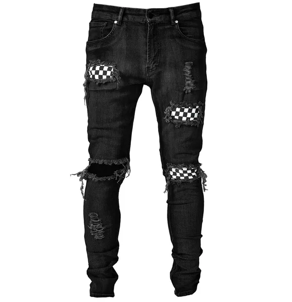Men's Black Checkered Denim, Skinny Fit, Bleach Paint Splatters