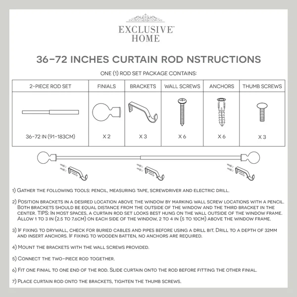 Exclusive Home Curtains Napoleon 1 inch Window Curtain Rod and Finial Set, Adjustable 66 inch-120 inch, Matte White