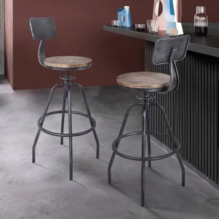 Armen Living Perlo Industrial Adjustable Barstool in Industrial Grey and Pine Wood - Gray