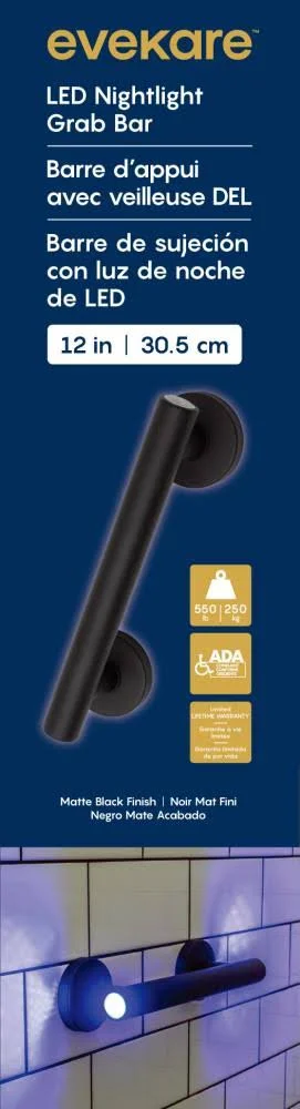 evekare Evk-0280-Icu 12x22 LED Nightlight Grab Bar in Matte Black