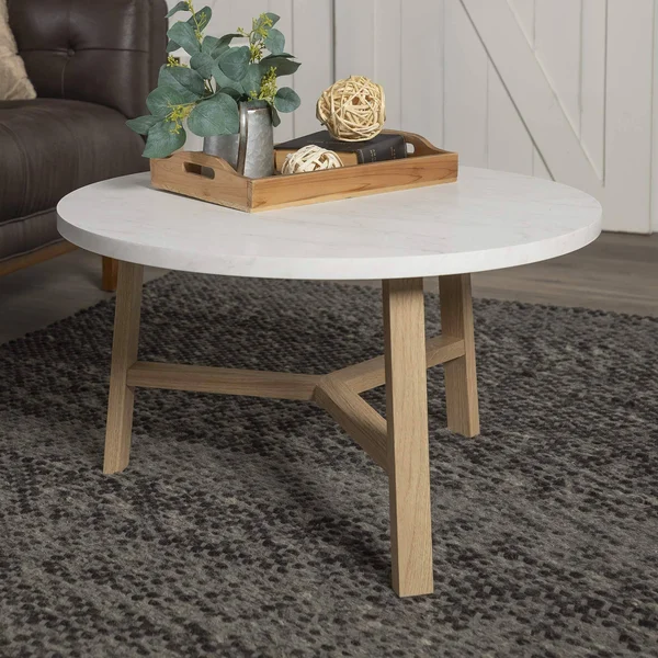 Walker Edison 30x22 Round Coffee Table - White Marble and Light Oak