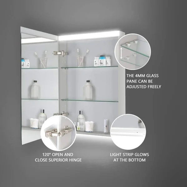 24''x 30''LED Bathroom Medicine Cabinet with Mirror, Intelligent Switch, Aluminum Frame, Surface Mounting only.(Door Left Open)