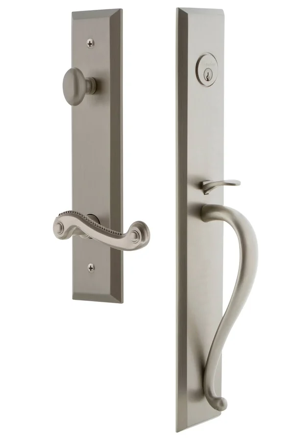 Complete Inactive Fifth Avenue Dummy Handleset with Newport Lever and Rosette Grandeur Finish: Satin Nickel, Handle Orientation