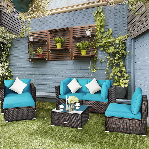 Costway 6-Piece PE Rattan Outdoor Sectional Set with Turquoise Cushions