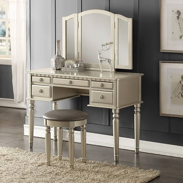 Bobkona F4079 St. Croix Collection Vanity Set with Stool - Silver