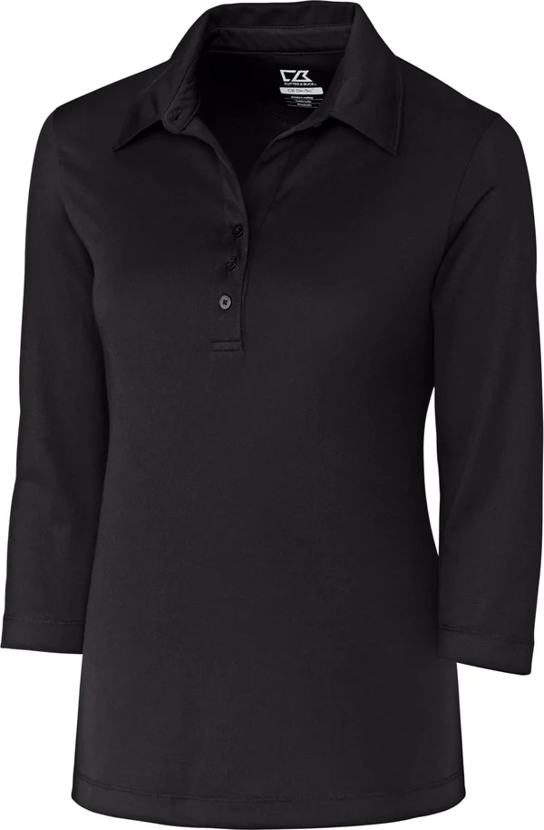 Cutter & Buck Women's Solid Black DryTec 3/4 Sleeve Chelan Polo