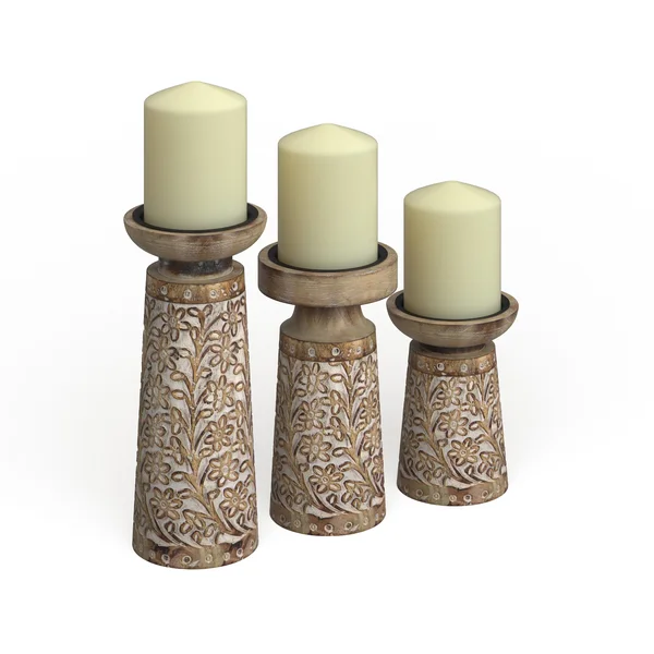 The Curated Nomad Buckroe 3-Piece Mango Wood and Iron Carved Floral Candle Holder Set - Brown