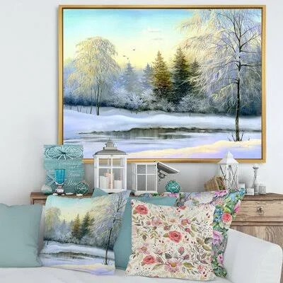 Green Trees in Beautiful Winter Landscape - Painting on Canvas East Urban Home Format: Gold Floater Frame, Size: 30x22 H x 40x22
