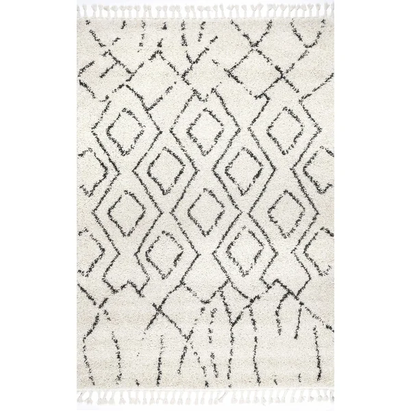 The Curated Nomad Philo Off-White Moroccan Tribal Geometric Shag Tassel Area Rug - 10& 2x22 x 14&