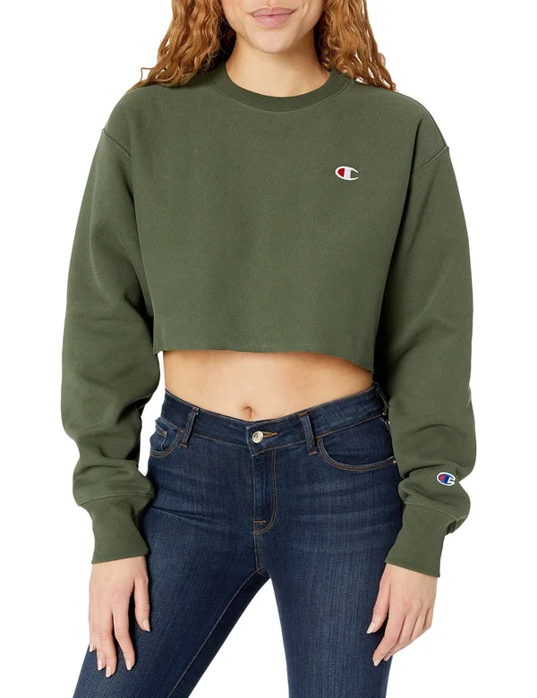 Champion Women's Reverse-Weave Cropped Cut-Off Hoodie - Green - XL