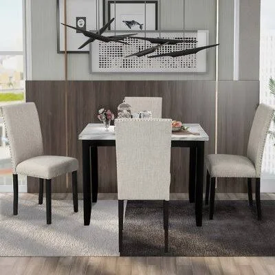 Faux Marble 5-Piece Dining Set Table with 4 Thicken Cushion Dining Chairs Home Furniture Red Barrel Studio