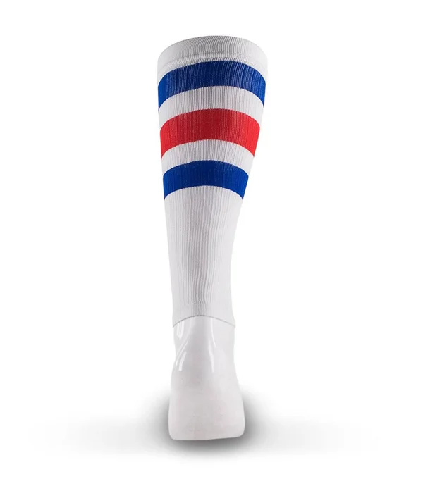 Pro Compression Calf Sleeves, White, Red & Blue Stripe, S/M, Best Compression Sleeves for Men, Women, Running, Sports