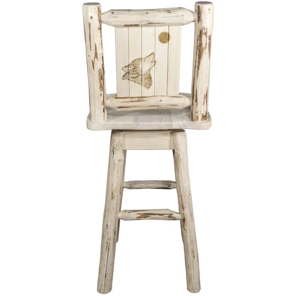 Montana Collection Barstool w/ Back & Swivel w/ Laser Engraved Wolf Design, Clear Lacquer Finish