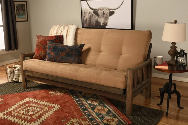 Kodiak Furniture Lodge Futon with Suede Peat Fabric Mattress in Walnut/Tan