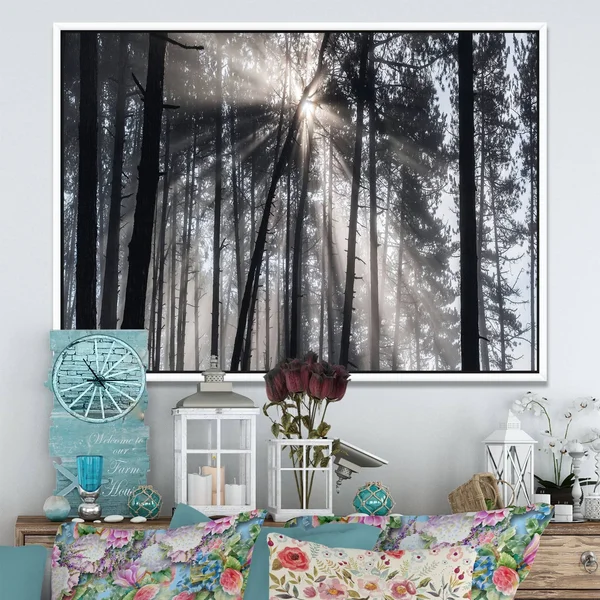 Designart 'Sunbeams Through Black White Forest' Forest Framed Canvas Wall Art Print - 20 in. Wide x 12 in. High - Gold