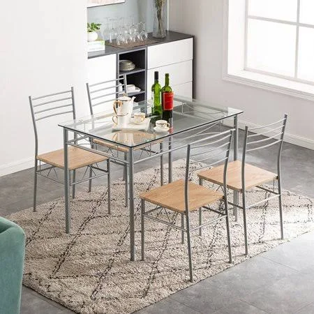 5 Pieces Dining Room Table Set, Urhomepro Elegant Dining Table Set, Tempered Glass Top Home Kitchen Table with 4 Wood and Iron T