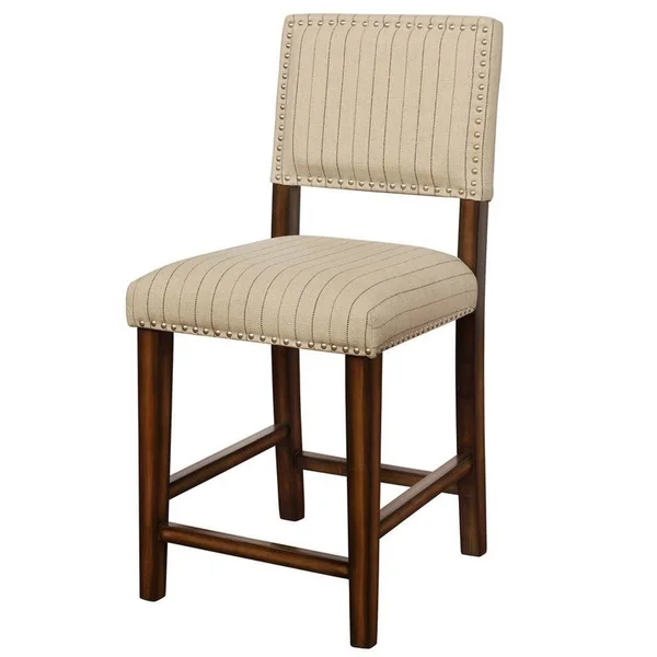 Benjara Nailhead Trim Fabric Upholstered Wooden Counter Stool - Beige and Brown - Beige and Brown - 39.5 H x 22 W x 19 L Inches