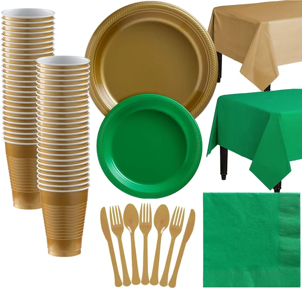 Party City Gold and Green Plastic Tableware Kit for 50 Guests - 487 Pieces, Includes Plates, Napkins, and Table Covers