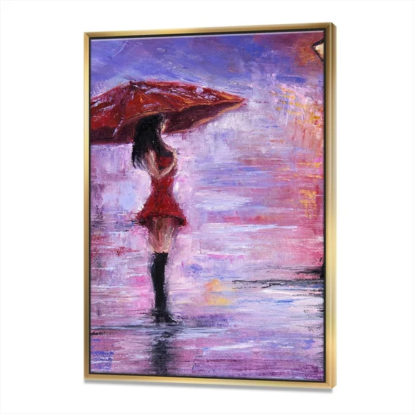 Designart 'Woman in Red Walking with Umbrella' Traditional Framed Canvas Wall Art Print - 30 in. Wide x 40 in. High - Gold