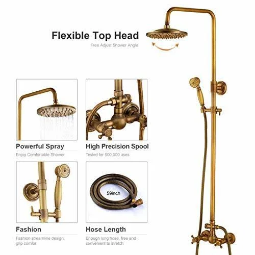 Antique Brass Bathroom Shower Faucet Set Brushed Gold Shower Fixture 8 inch Rain