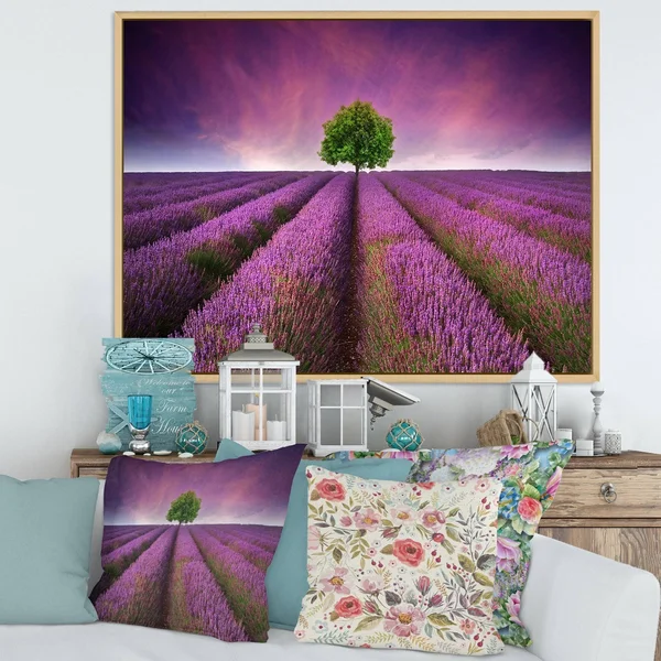 Designart 'Stunning Lavender Field Summer Sunset with Tree' Farmhouse Framed Canvas Wall Art Print - 40 in. Wide x 30 in. High