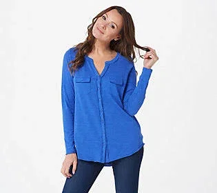 Belle by Kim Gravel Slub Knit Button-Front Top, Size XX-Small, Blue Dazzle