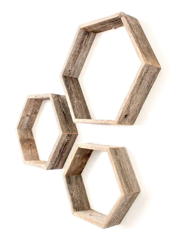 Barnwoodusa Rustic Hexagon Set of 3 Shelves - 100 Percent Reclaimed Wood, Weathered Gray