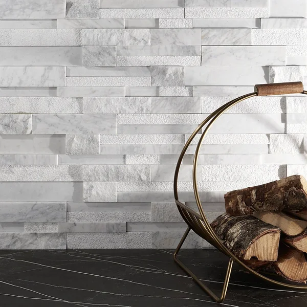 TileBar Stackstone 3D Snow White Marble Ledger Panel Wall Tile - Backsplash, Wall and Floor