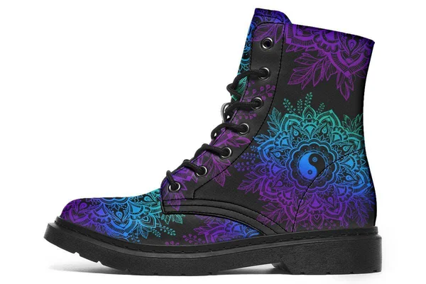 Yin Yang Mandala Boots - Vegan Black Boots, YesWeVibe Men's Boots, Black Sole, US 6, EU39