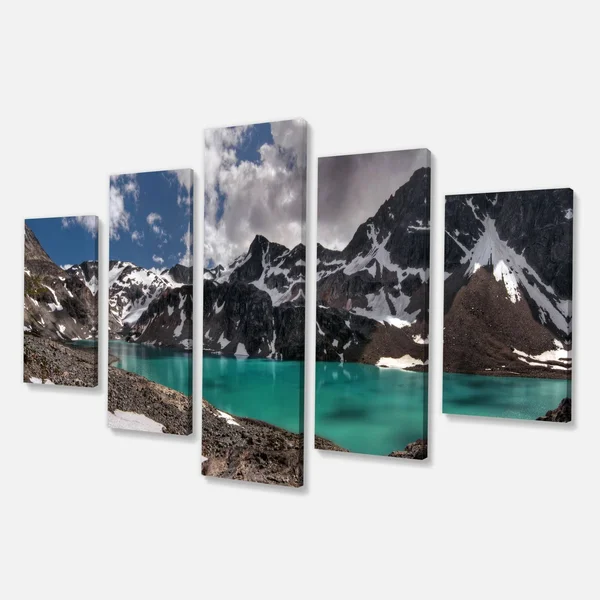 Designart 'Distant Mountains and Mountain Lake' Landscape Artwork Canvas Print - 60 in. Wide x 32 in. High - 5 Panels Diamond Sh
