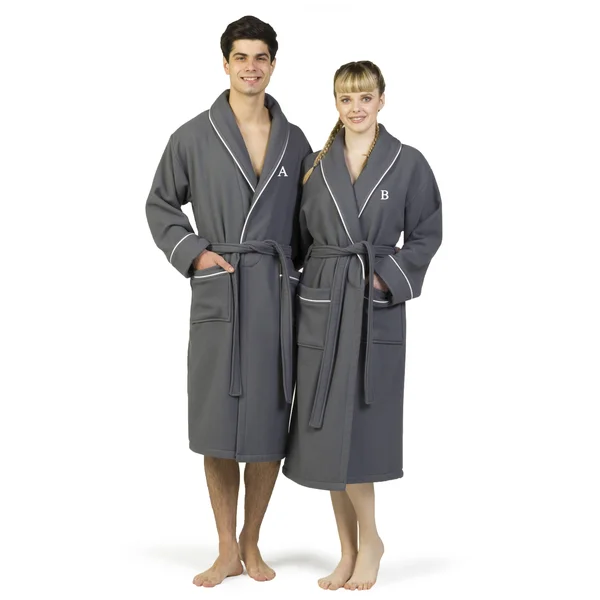 Linum Home Textiles Hotel Turkish Cotton Waffle Terry Bathrobe with Satin Piped Trim - Personalized - Dark Gray
