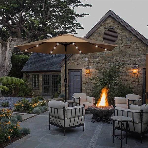 Maypex 9 ft. Steel Market Crank and Tilt Round Solar Light Patio Umbrella in Black and White